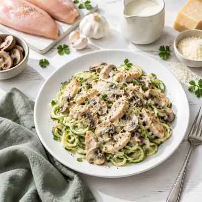 Chicken & Mushroom Alfredo over Zucchini Pasta