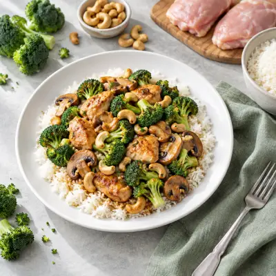 Chicken, Mushroom, Broccoli & Cashew Stir-Fry over Rice