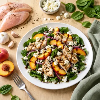 Chicken, Peach & Spinach Salad with Feta & Balsamic Vinaigrette