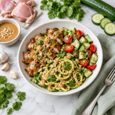 Chicken Satay Bowl with Peanut-Zucchini Noodles, Cucumber & Tomato