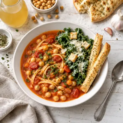 Chickpea-Tomato Noodle Soup with Kale Caesar & Breadsticks