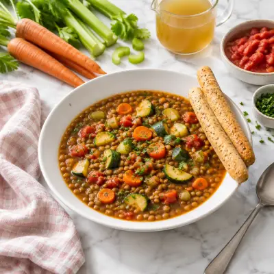 Classic Lentil Soup with Zucchini, Carrot, Celery & Breadsticks