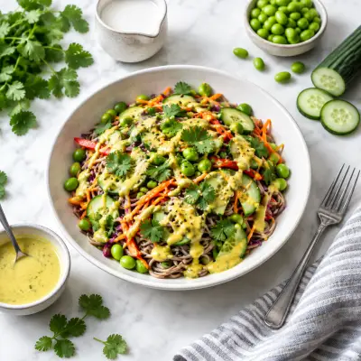 Cold Soba Noodle, Edamame & Veggie Salad with Curried Coconut Dressing