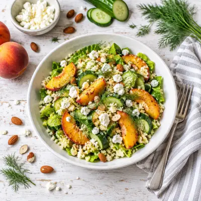 Couscous-Romaine Salad with Warm Peaches, Almonds, Feta & Dill