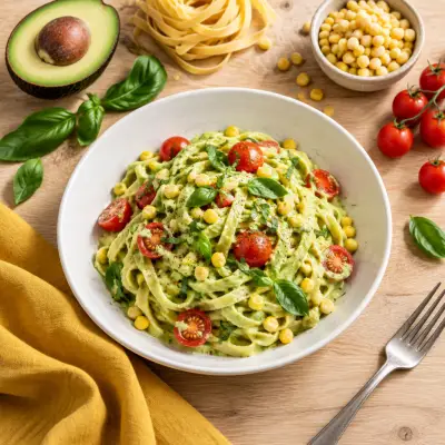 Creamy Avocado Fettuccine with Corn & Cherry Tomatoes