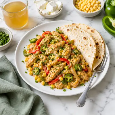 Creamy Bell Pepper, Jalapeño, Onion & Corn Sauté with Warm Tortillas