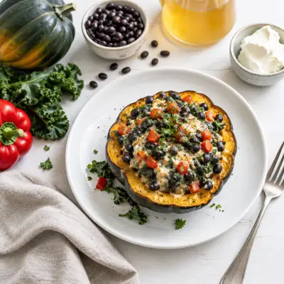 Creamy Black Bean, Kale & Bell Pepper Stuffed Acorn Squash