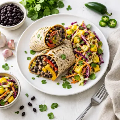 Creamy Black Bean Wraps with Sautéed Bell Peppers & Mango-Cabbage Slaw