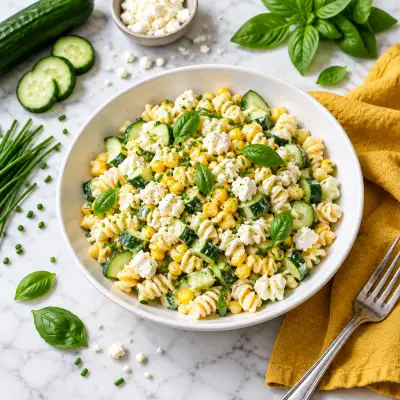 Creamy Corn Pasta Salad with Cucumber, Basil, Chives & Feta
