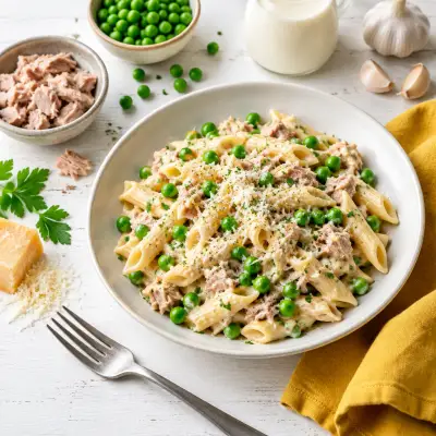 Creamy Garlic-Parmesan Tuna Pasta & Peas