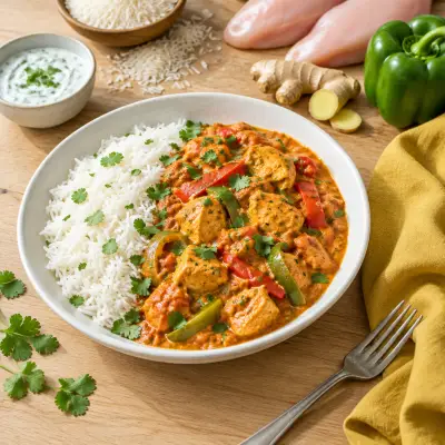 Creamy Indian-Style Tomato Chicken Curry with Bell Peppers & Rice