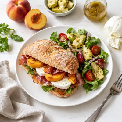 Crispy Prosciutto, Peach & Mozzarella Sandwich with Italian Salad