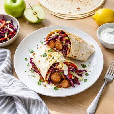 "Currywurst" Sausage Wrap with Red Cabbage, Bell Pepper & Apple Slaw