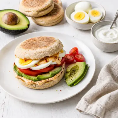 Egg, Avocado & Tomato English Muffin Sandwich with Chili-Garlic Aioli
