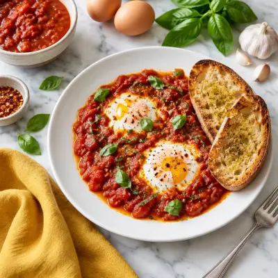 Eggs Poached in Spicy Marinara (Eggs in Purgatory) with Garlic Toast