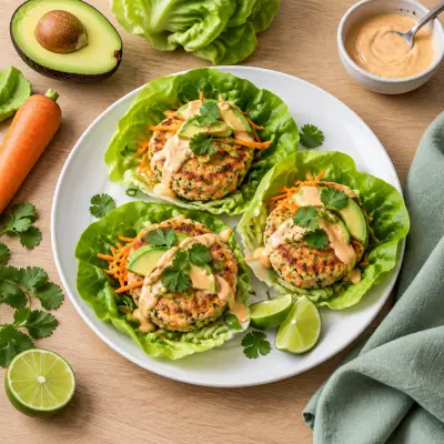 Ginger-Lime Salmon Cake Lettuce Wraps with Spicy Mayo