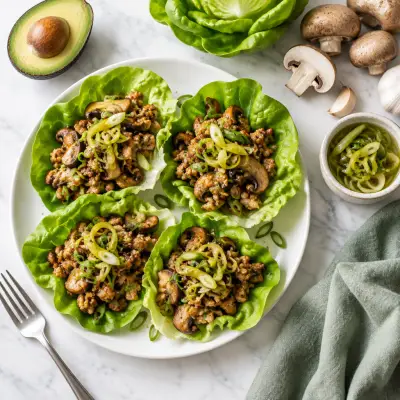 Ginger Pork, Mushroom & Avocado Lettuce Wraps with Pickled Green Onion