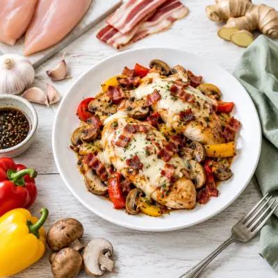 Ginger-Soy Chicken with Mozzarella, Bacon, Bell Peppers & Mushrooms