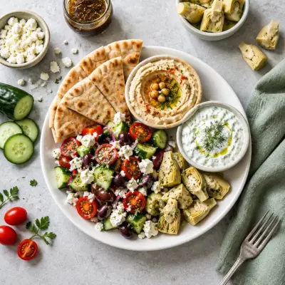 Greek-Style Mezze Platter with Pita, Hummus, Tzatziki & Salad