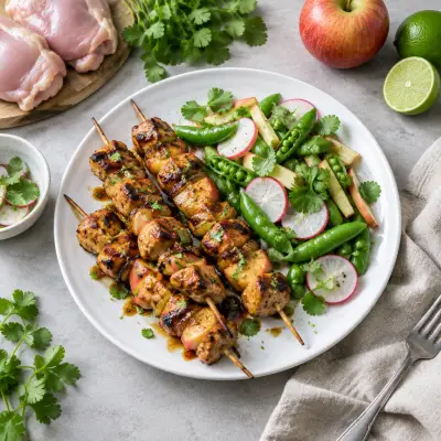 Grilled Apple BBQ Chicken Skewers with Snap Pea, Lime & Radish Salad