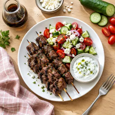 Grilled Balsamic Steak Skewers with Greek Salad & Tzatziki Sauce