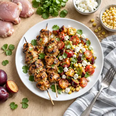 Grilled Chicken Skewers with Spicy Plum, Tomato, Corn & Feta Salad