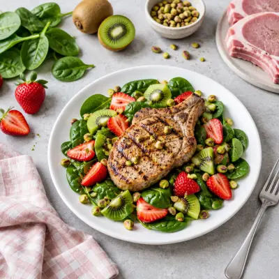 Grilled Pork Chop over Strawberry-Kiwi Spinach Salad with Pistachios