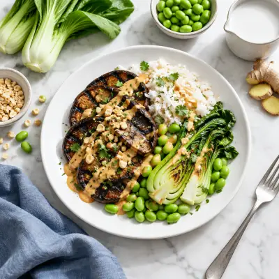 Grilled Portobello Peanut Satay with Bok Choy, Edamame & Coconut Rice