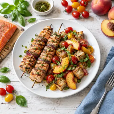 Grilled Salmon Kabobs with Peach & Tomato Panzanella Salad