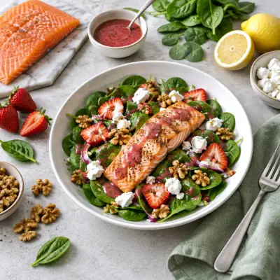Grilled Salmon Salad with Goat Cheese, Walnuts & Strawberry Dressing