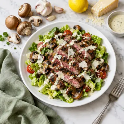 Grilled Steak & Mushroom Salad with Parmesan & Creamy Garlic Dressing