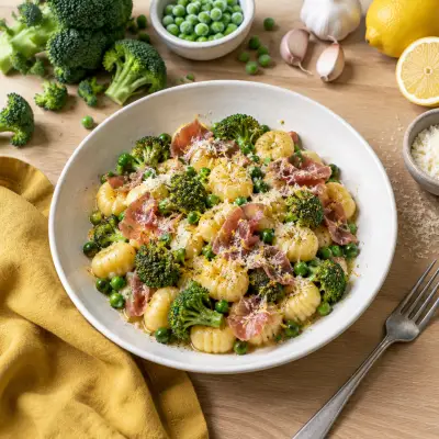 Honey-Butter Gnocchi with Prosciutto, Broccoli, Peas & Parmesan