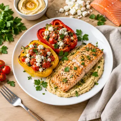 Italian Baked Salmon with Hummus, Tomato & Feta Stuffed Peppers