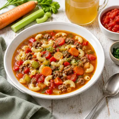 Italian-Style Macaroni Soup with Beef, Carrot, Celery & Bell Pepper