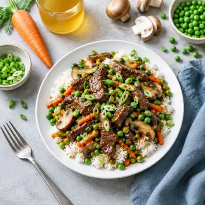 Japanese Ginger Beef Skillet with Mushrooms, Peas, Green Onions & Rice