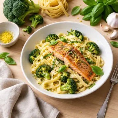 Lemon-Basil Fettuccine with Seared Salmon & Broccoli
