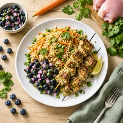 Lemon-Cilantro Chicken Kebab with Veggie Rice Pilaf & Blueberry Salsa