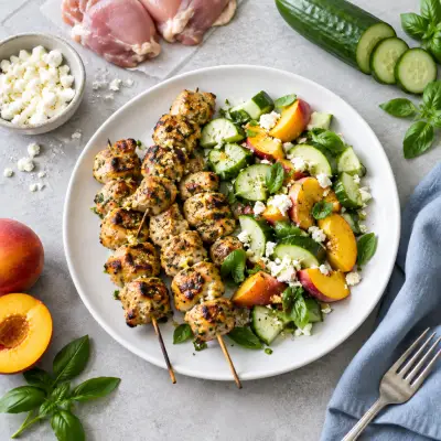 Lemon-Garlic Chicken Skewers with Cucumber, Peach, Basil & Feta Salad