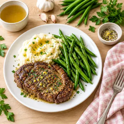 Lemon Pepper Steak with Mashed Potatoes & Green Beans