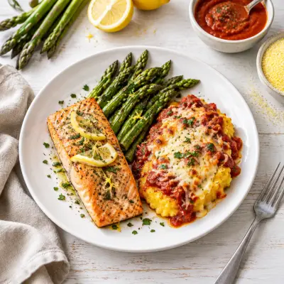 Lemon-Roasted Salmon & Asparagus with Cheesy Polenta Marinara Bake