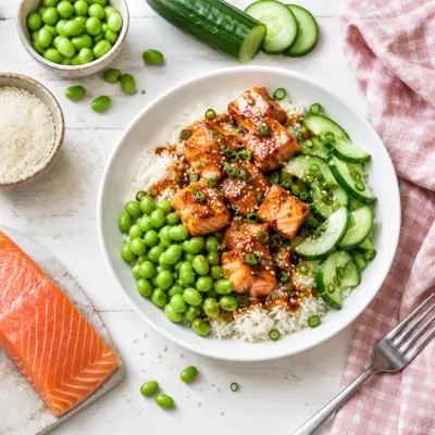 Maple-Teriyaki Salmon Sushi Bowls with Cucumber & Edamame