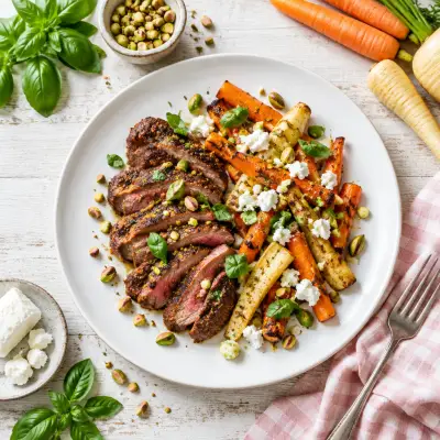 Masala Steak with Cardamom Root Veggies, Goat Cheese & Pistachios