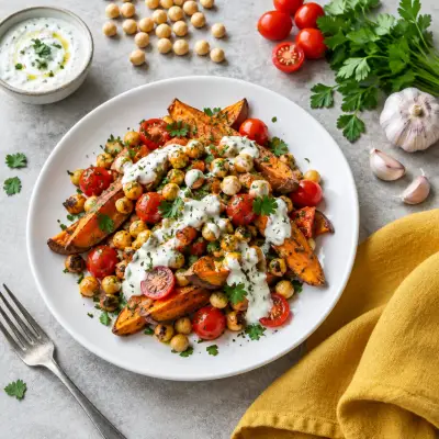 Mediterranean Sweet Potatoes with Chickpeas & Garlic-Yogurt Sauce