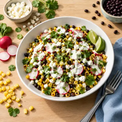 Mexican Street Corn Salad with Black Beans, Radish, Feta & Lime Crema