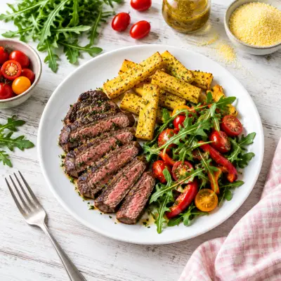 NY Steak with Herbed Polenta Fries & Tomato Bell Pepper-Arugula Salad