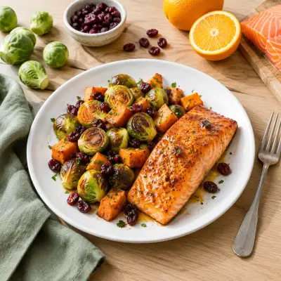 Orange Glazed Salmon with Cranberry Brussels Sprouts & Sweet Potatoes