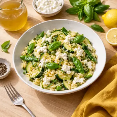 Orzo Pasta Skillet with Cottage Cheese, Zucchini, Snap Peas & Basil