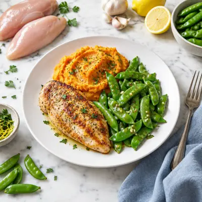 Pan-Fried Chicken with Sautéed Sugar Snap Peas & Sweet Potato Mash