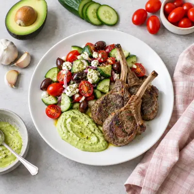 Pan-Seared Lamb Chops with Greek Salad & Avocado Dressing