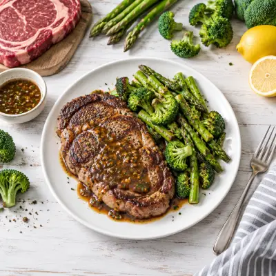 Pan Seared Ribeye with Steak Sauce & Broccoli-Asparagus Sauté